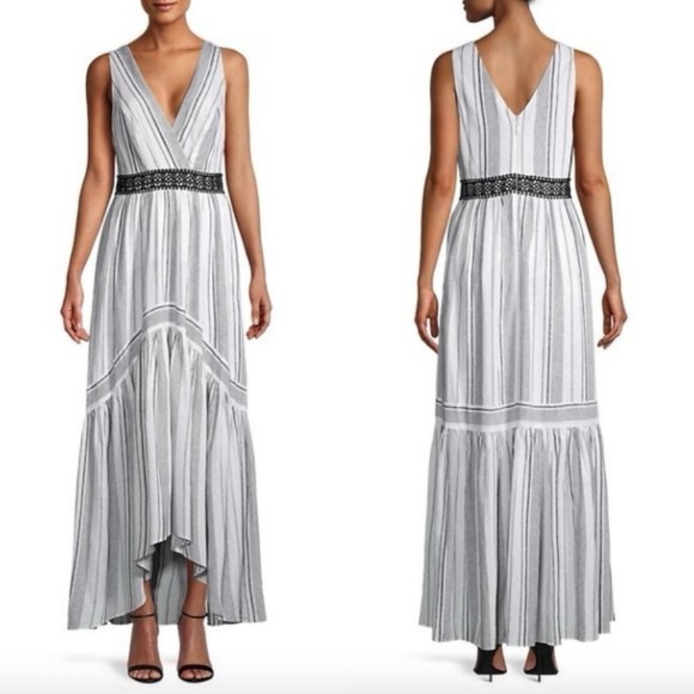 BCBGMAXAZRIA Off White Striped Linen Blend High Low Dress 4